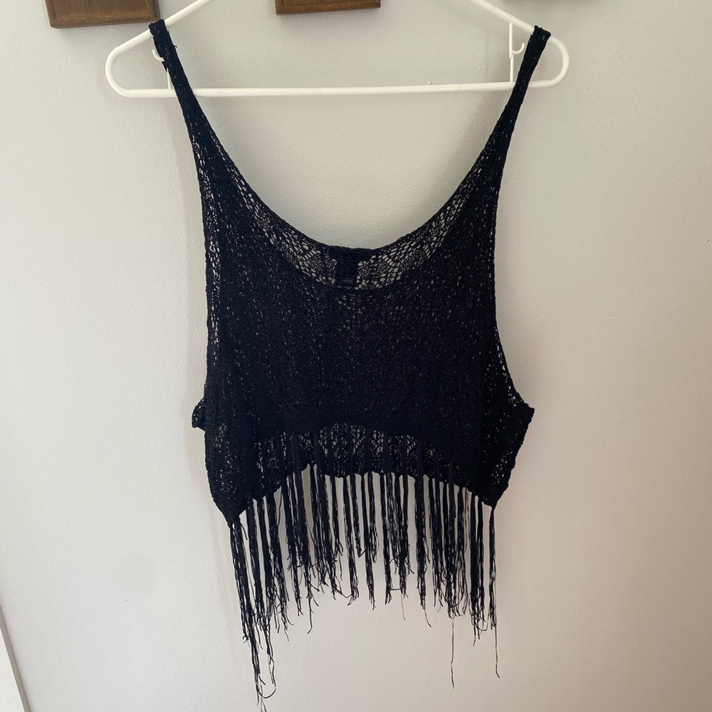 Black Fringe Crochet Tank Top - Women